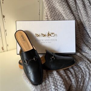 Coach and Four Black Leather Mules with Silver Detail